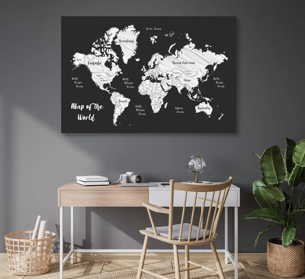 Εικόνα σε φελλό ενός ασπρόμαυρου μοναδικού παγκόσμιου χάρτη - 120x80  wooden