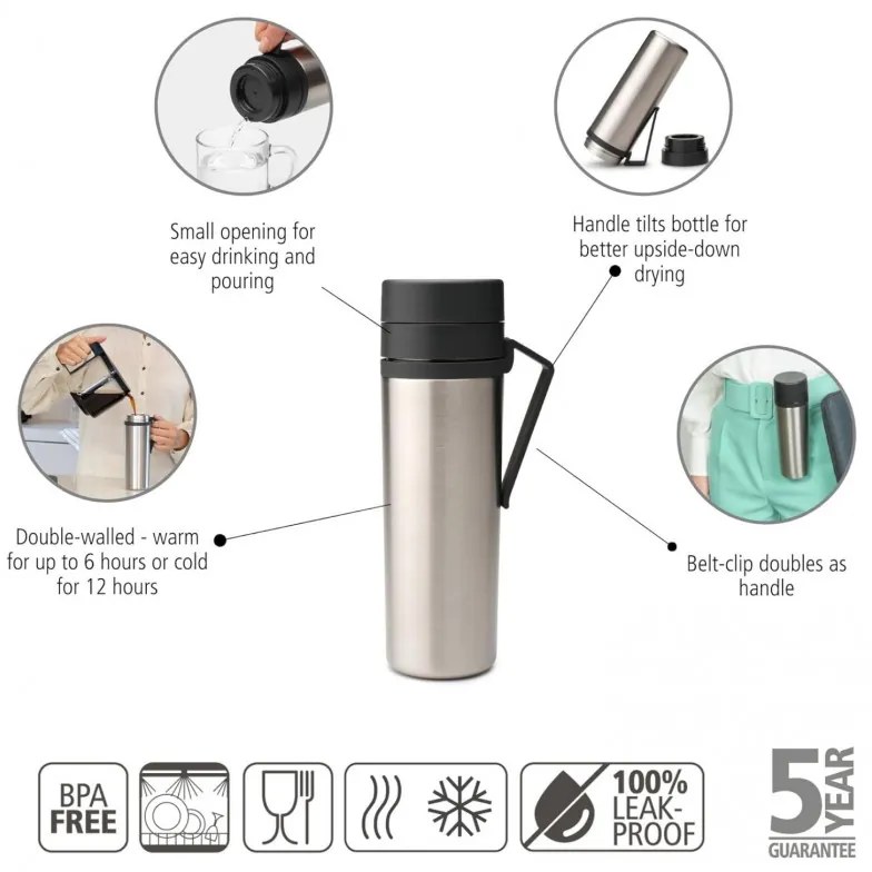 Μπουκάλι θερμότητας Brabantia Make&Take 1008487, 500 ml, διπλά τοιχώματα, χωρίς BPA, Inox/σκούρο γκρι