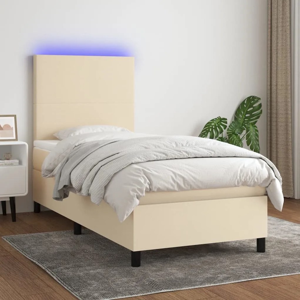 Κρεβάτι Boxspring με Στρώμα &amp; LED Κρεμ 80x200 εκ. Υφασμάτινο - Κρεμ