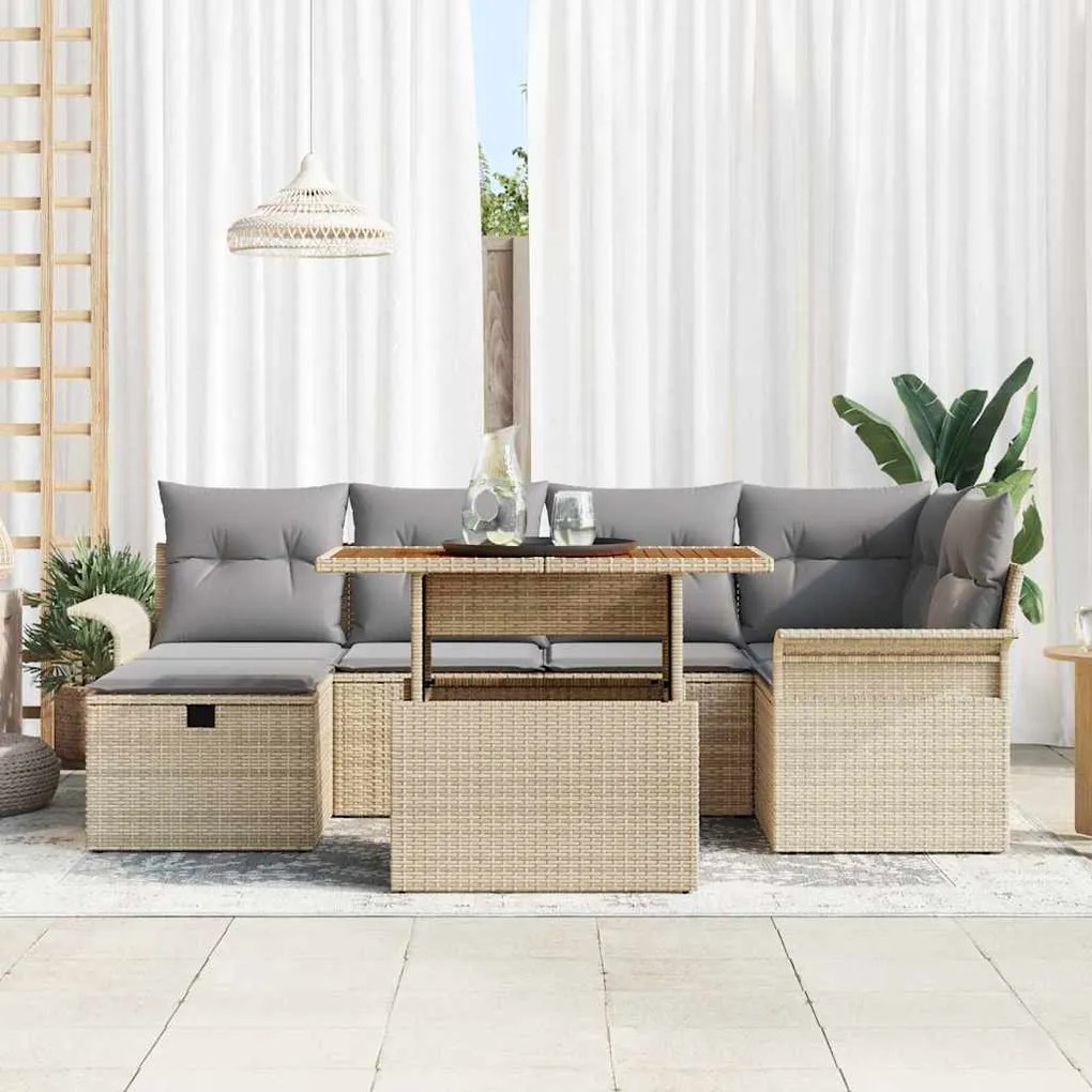 vidaXL Σετ Καναπέ Κήπου Ρυθμιζόμενο ύψος 7 pcs Μπεζ συνθετικό ρατάν