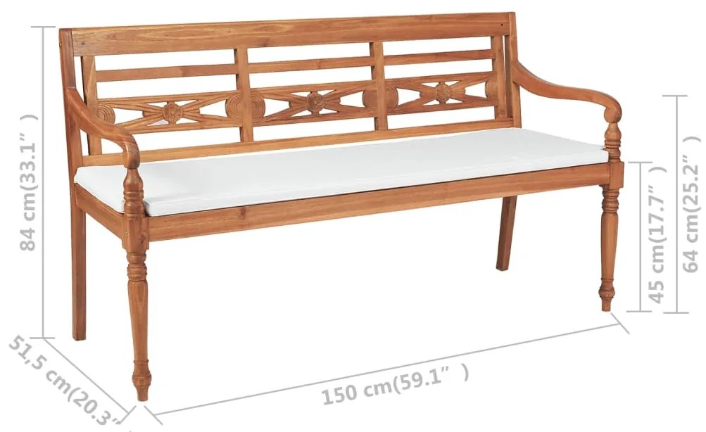 vidaXL Παγκάκι Batavia 150 εκ. από Ξύλο Teak με Μαξιλάρια