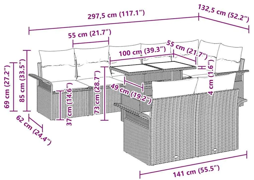 vidaXL Σετ Καναπέ Κήπου με μαξιλάρι 9 pcs Ανοιχτό γκρι Πολυ ράταν