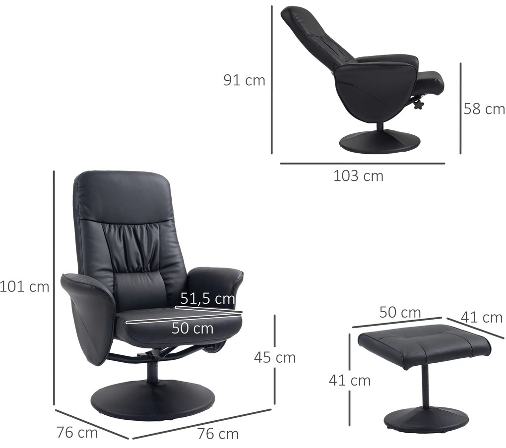 HOMCOM Σετ 2 πολυθρόνων πολυθρόνα με υποπόδιο, ρυθμιζόμενο ύψος, ρυθμιζόμενη πλάτη, Μαύρο