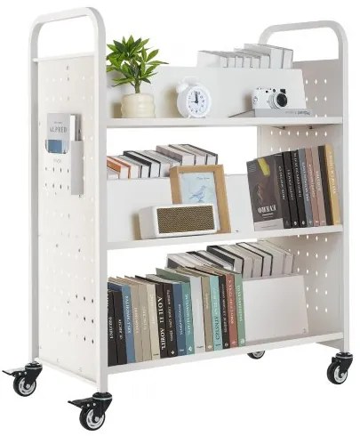 VEVOR 3-Tier Rolling Book Cart Double Sided W-Shaped Shelves Book Truck in White