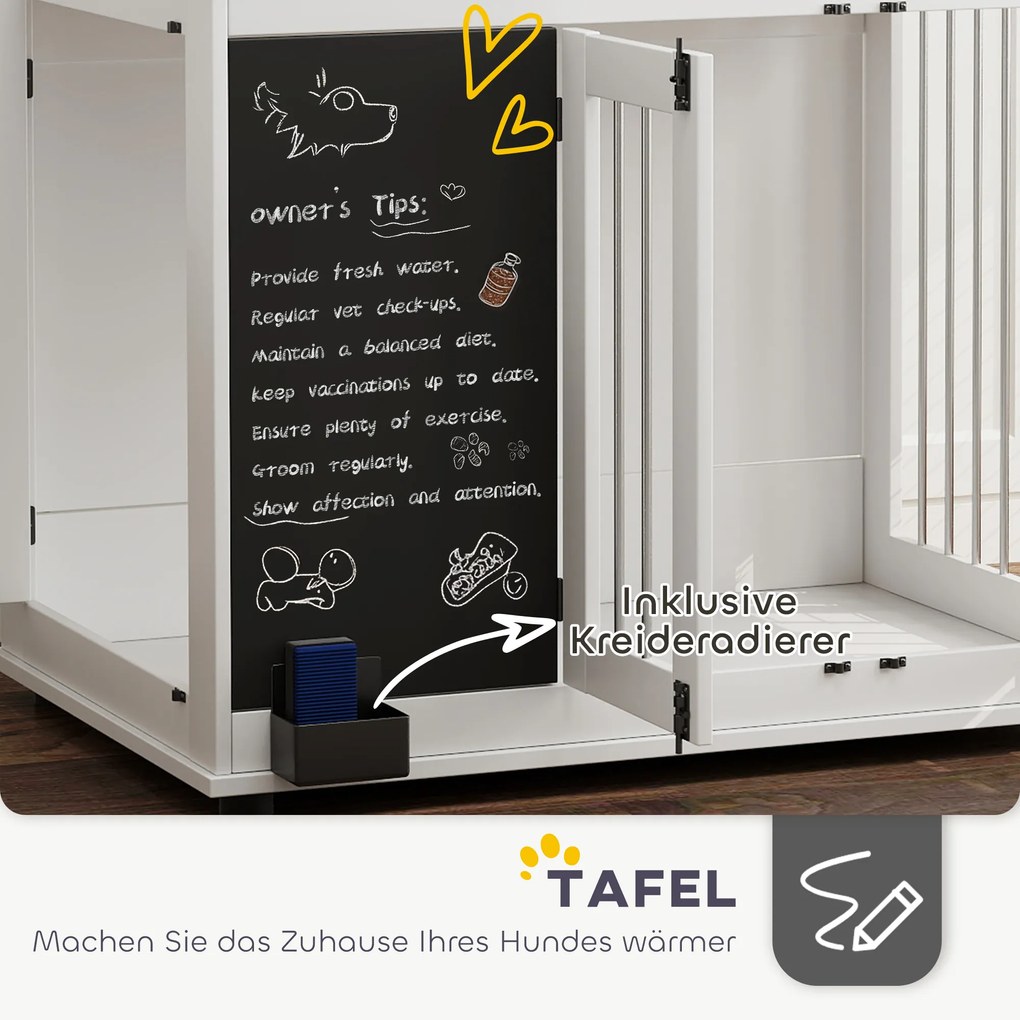 PawHut Κλουβί σκύλου με ράφι αποθήκευσης για παιχνίδια, γάντζους για λουριά, πίνακα γραφής, σβήστρα, για μεγάλους σκύλους, Λευκό