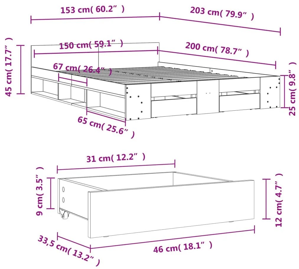 Πλαίσιο Κρεβατιού με Συρτάρια Sonoma Δρυς 150x200εκ. Επεξ. Ξύλο - Καφέ