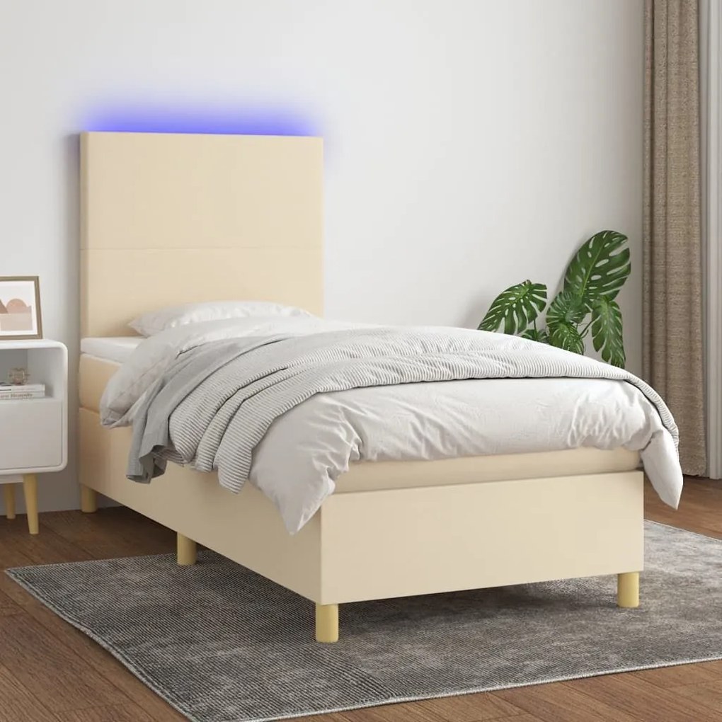 Κρεβάτι Boxspring με Στρώμα &amp; LED Κρεμ 90x200 εκ. Υφασμάτινο - Κρεμ