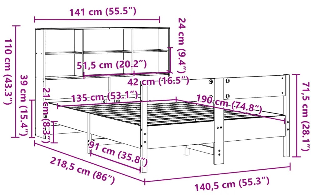 Κρεβάτι Βιβλιοθήκη Χωρίς Στρώμα Λευκό 135x190 εκ Μασίφ Πεύκο - Λευκό