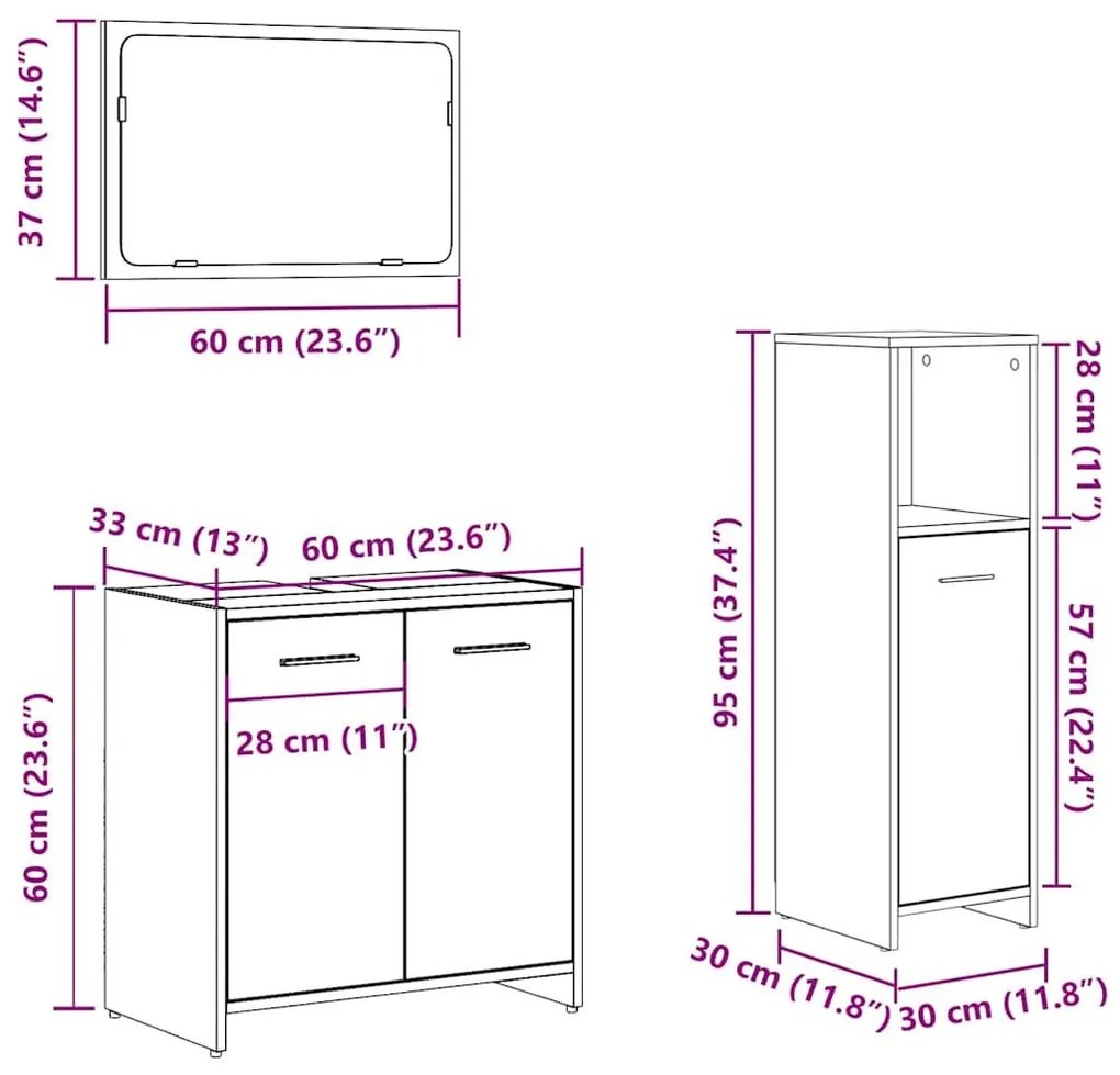 Σετ Επίπλων Μπάνιου 3Τεμαχίων Παλιό Ξύλο από Επεξεργασμένο Ξύλο - Καφέ