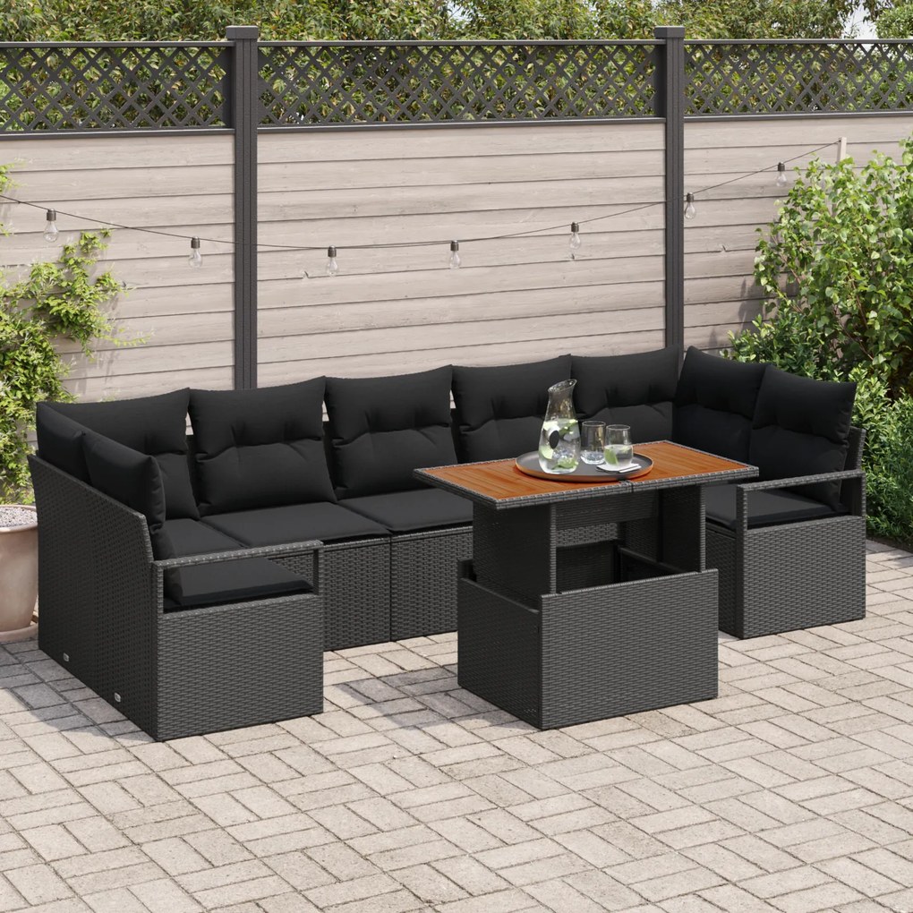 vidaXL Σετ Καναπέ Εξωτερικού Χώρου 8 pcs Μαύρο Μεγάλο Ρατάν και Υφάσμα