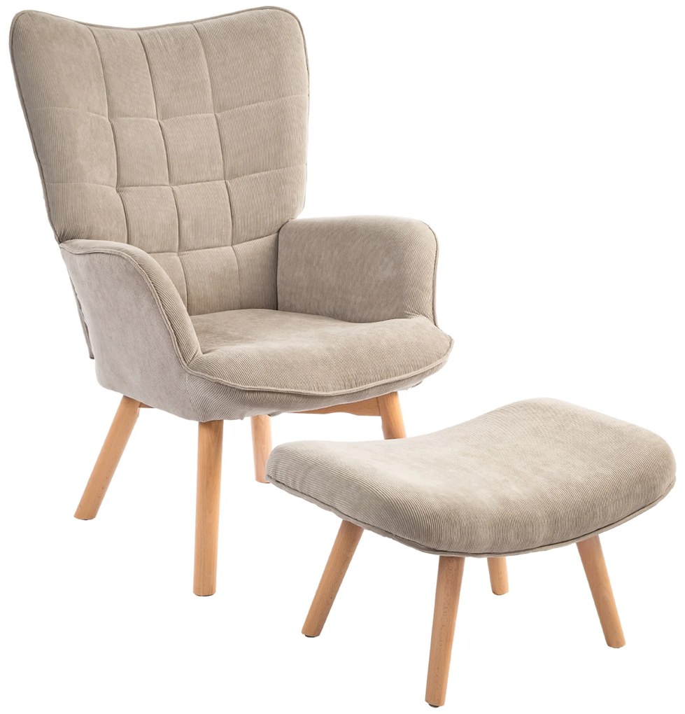 HOMCOM Πολυθρόνα με υποπόδιο, πολυθρόνα σε υφή κοτλέ, πολυθρόνα με ξύλινα πόδια, για σαλόνι, ανοιχτό καφέ