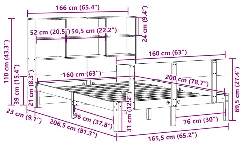 Κρεβάτι Βιβλιοθήκη Χωρίς Στρώμα 160x200 εκ Μασίφ Ξύλο Πεύκου - Καφέ