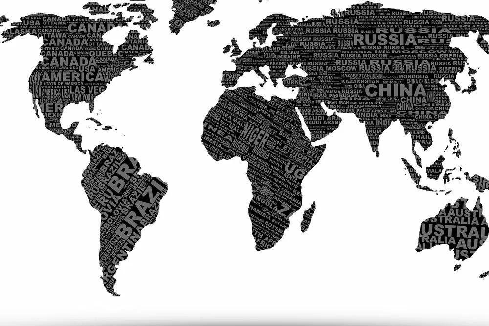 Εικόνα ενός ασπρόμαυρου παγκόσμιου χάρτη σε έναν φελλό - 120x80  wooden
