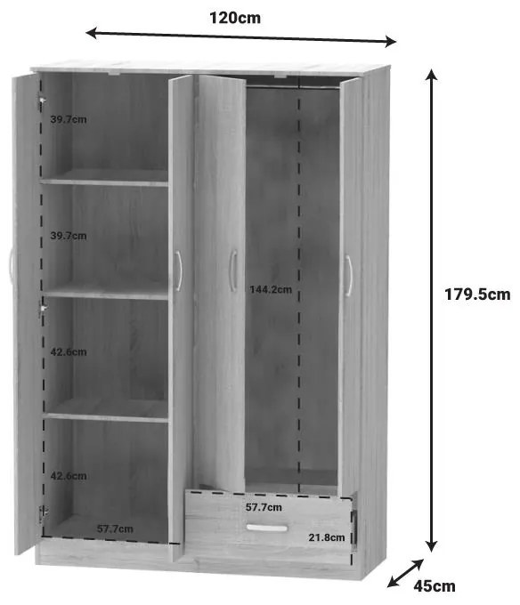 Ντουλάπα ρούχων τετράφυλλη Karter sonoma μελαμίνης 121x48x180εκ 121x48x180 εκ.