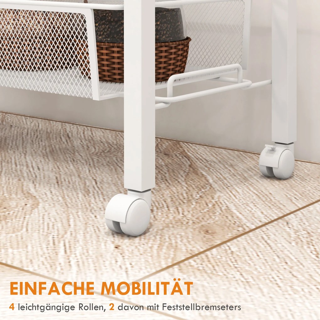 HOMCOM Καρότσι Ντουλάπι Πολλαπλών Χρήσεων, 3 Ράφια, Γάντζοι, 58 cm x 18,5 cm x 87 cm, Λευκό