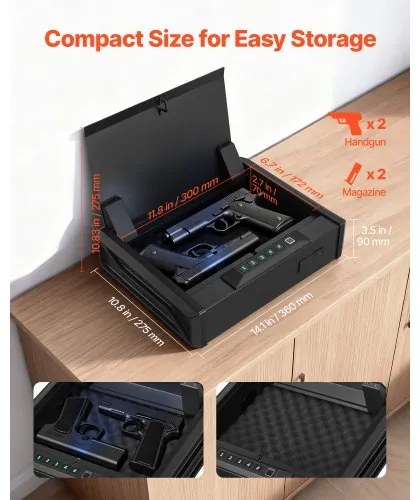 VEVOR Gun Safe, Heavy Duty Handgun Safe with Fingerprint/Password/Key, 3-Way Quick Access Firearm Case Box with Lighting for 2 Pistols & 2 Magazines, Pistol Gun Box for Nightstand Bedside Desk Car
