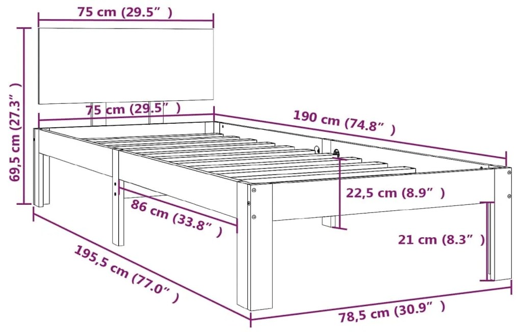 ΠΛΑΙΣΙΟ ΚΡΕΒΑΤΙΟΥ 75X190 ΕΚ. ΑΠΟ ΜΑΣΙΦ ΞΥΛΟ 2FT6 SMALL SINGLE 810455