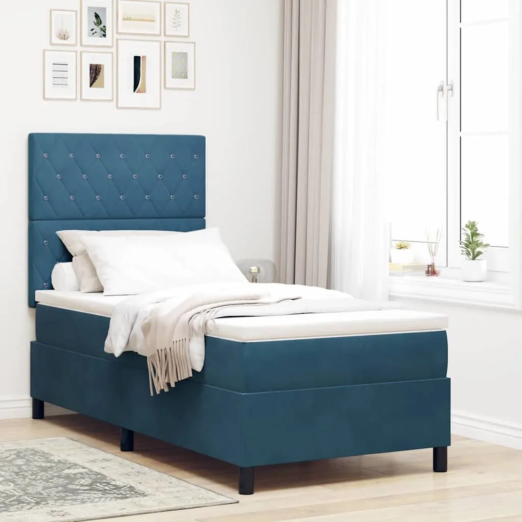 Κρεβάτι Box Spring vidaXL με Στρώμα Σκούρο Μπλε 100x200 εκ Βελούδο