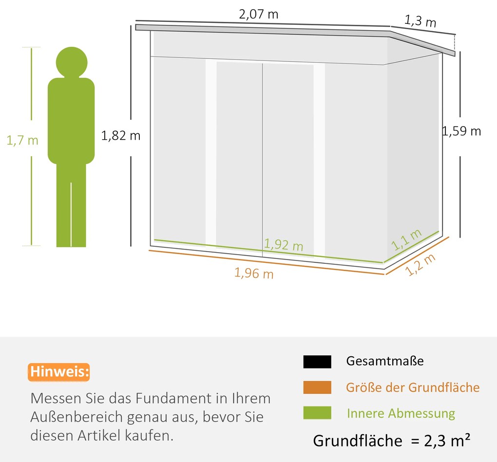 Outsunny Αποθηκευτικός Χώρος Κήπου Μεταλλικός 2,3 m² 207 x 130 x 182 cm Αποθήκη Εργαλείων με Επικλινή Στέγη, Παράθυρο, Βάση Δαπέδου, Πράσινο