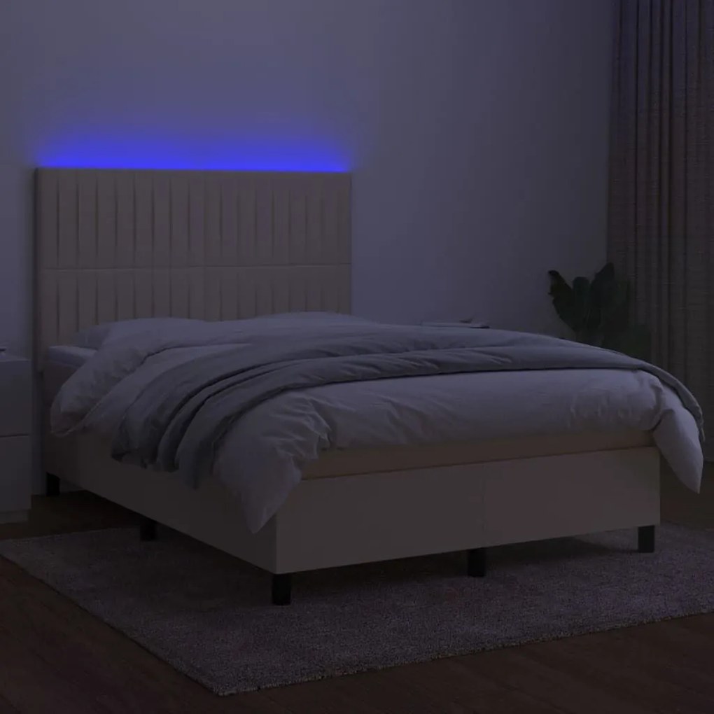 Κρεβάτι Boxspring με Στρώμα &amp; LED Κρεμ 140x190 εκ. Υφασμάτινο - Κρεμ