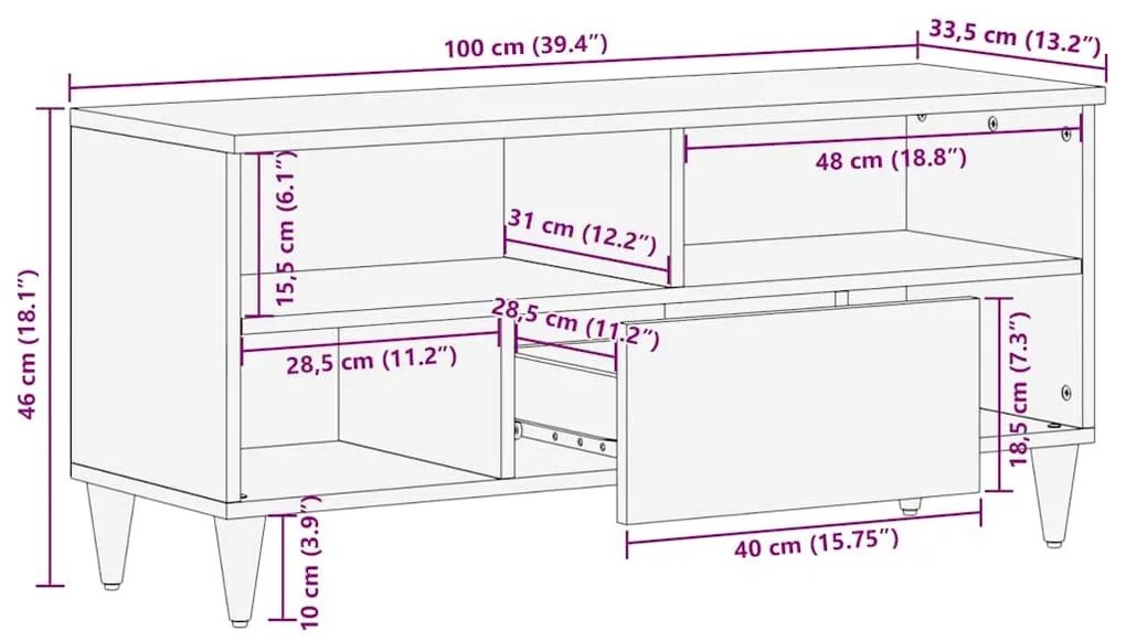 ντουλάπι τηλεόρασης 100x33,5x46 cm μασίφ ξύλο Mango - Καφέ