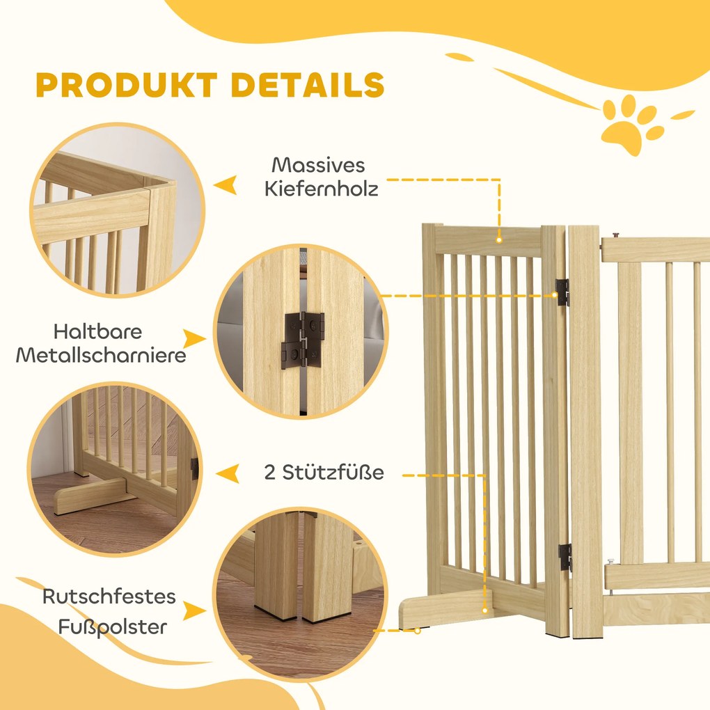 PawHut Ανεξάρτητο Πάνελ Σκύλου, 4 πάνελ, ευέλικτο, ξύλο πεύκου, 204L x 36W x 75H cm, Φυσικό ξύλο