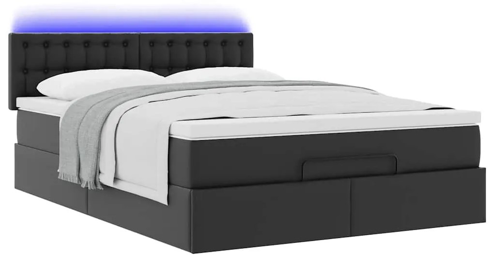 vidaXL Οθωμανικό κρεβάτι με στρώματα &amp; LEDs Μαύρο Faux Leather