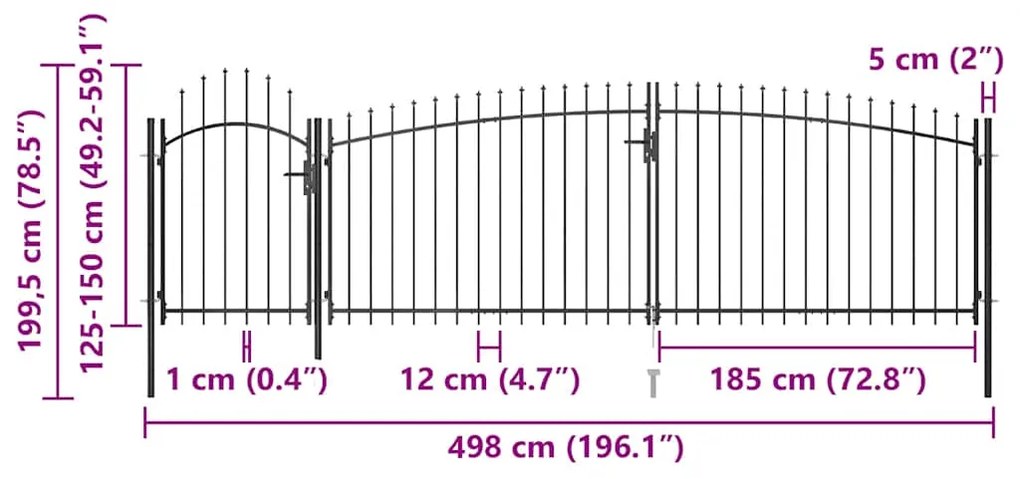 vidaXL Καγκελόπορτα με Λόγχες Μαύρη 5 x 2 μ.