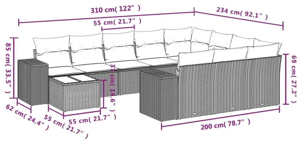 vidaXL Σαλόνι Κήπου 11 Τεμαχίων Γκρι από Συνθετικό Ρατάν με Μαξιλάρια