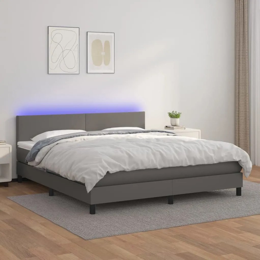 Κρεβάτι Boxspring με Στρώμα &amp; LED Γκρι 180x200 εκ. Συνθ. Δέρμα - Γκρι