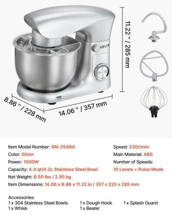 VEVOR Stand Mixer, 4.2 L Electric Kitchen Mixer, 1500W Dough-Mixer, 10 + Pulse Speeds Tilt-head Food-Mixer with Stainless Steel Bowl, Dough Hook, Whisk, Beater, for Baking, Mixing, Whipping & Kneading