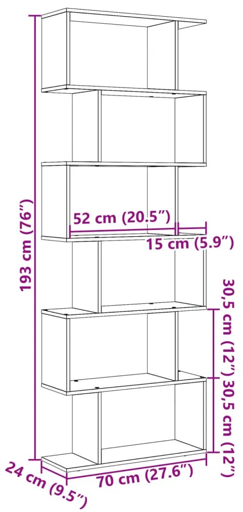 Βιβλιοθήκη/Διαχωριστικό Χώρου 6 Επ. 70x24x193εκ. Επ. Ξύλο - Καφέ