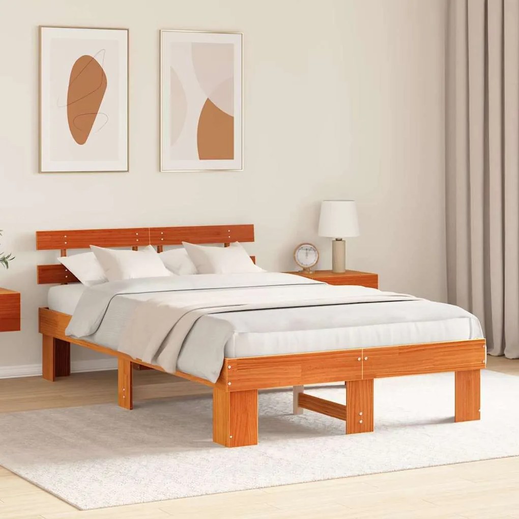 vidaXL Σκελετός Κρεβατιού Καφέ 135 x 190 cm Μασίφ ξύλο πεύκου