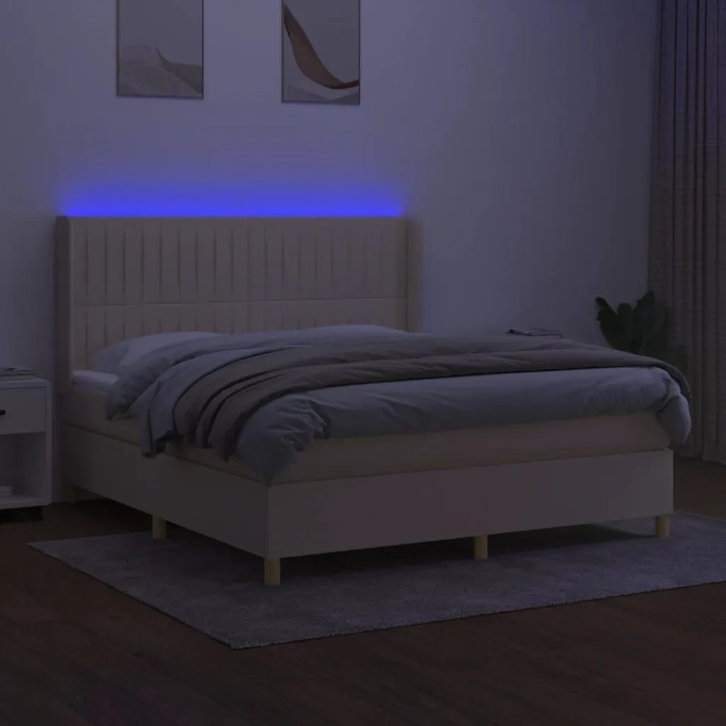 Κρεβάτι Boxspring με Στρώμα &amp; LED Κρεμ 180x200 εκ. Υφασμάτινο - Κρεμ