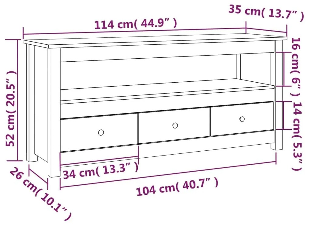 Έπιπλο Τηλεόρασης Μαύρο 114 x 35 x 52 εκ. από Μασίφ Ξύλο Πεύκου - Μαύρο