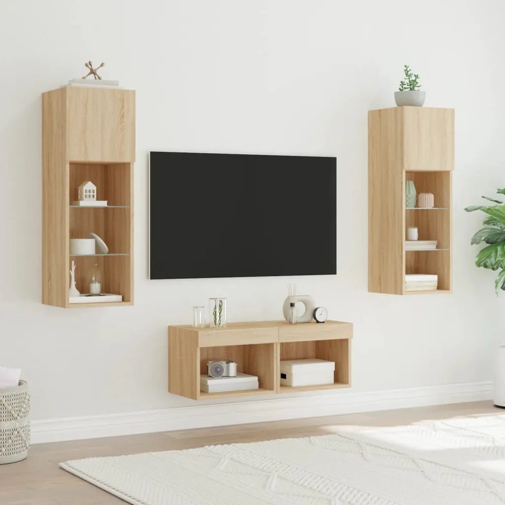 vidaXL Ντουλάπια Τηλεόρασης Τοίχου 4 Τεμ. με Φώτα LED Sonoma Δρυς