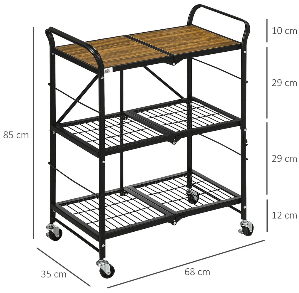 HOMCOM Τρόλεϊ Κουζίνας σε Βιομηχανικό Σχέδιο, με 3 ράφια, Πολυλειτουργικό Τρόλεϊ, Τρόλεϊ Σερβιρίσματος, 4 Ρόδες, Αναδιπλούμενο, Καφέ + Μαύρο