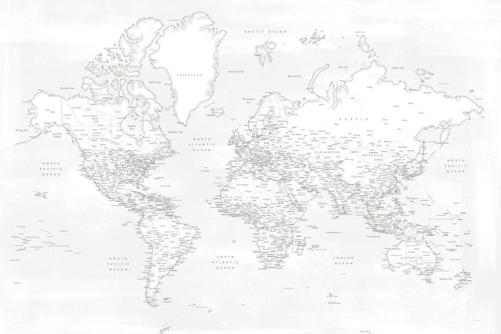 Χάρτης Almost white detailed world map, Blursbyai