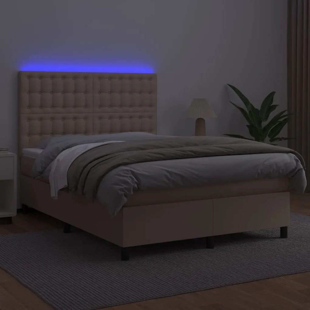 Κρεβάτι Boxspring Στρώμα&amp;LED Καπουτσίνο 140x190 εκ. Συνθ. Δέρμα - Καφέ