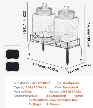 VEVOR Drink Dispenser 5.5L Beverage Dispenser for Parties Glass with Stand 2PCS