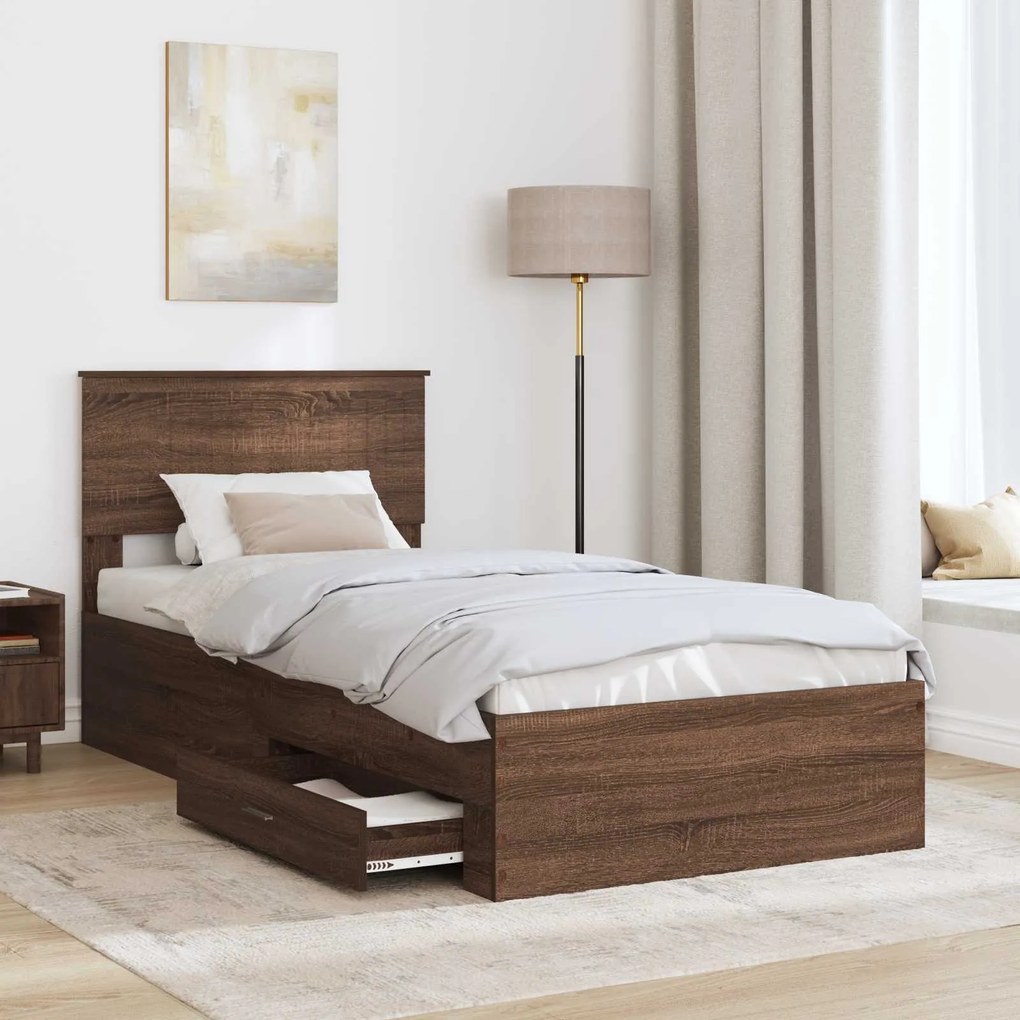 vidaXL Σκελετός Κρεβατιού με συρτάρι Καφέ Δρύινο και Ασημί 90 x 190 cm