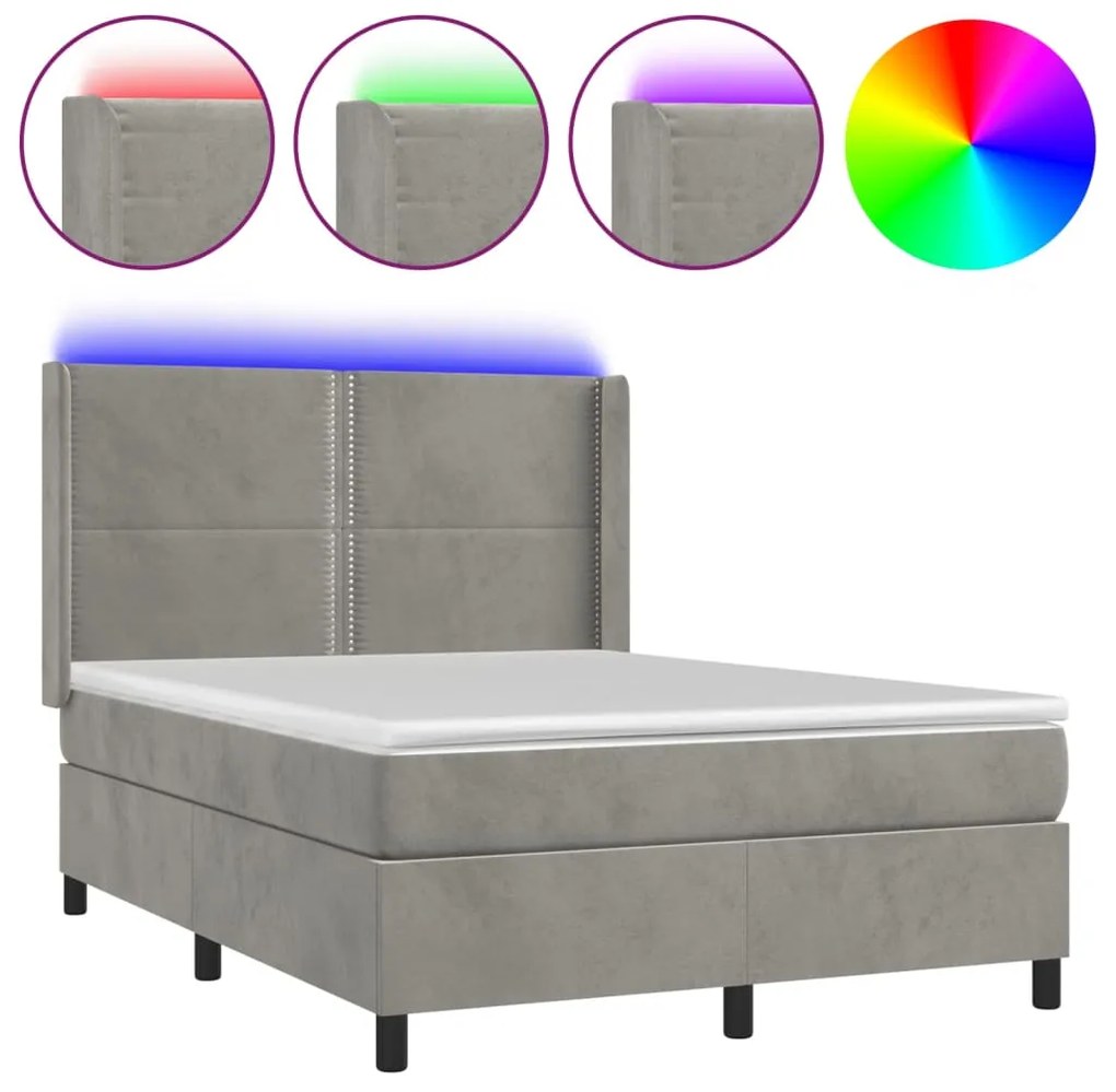 vidaXL Κρεβάτι Boxspring με Στρώμα & LED Αν.Γκρι 140x200 εκ. Βελούδινο