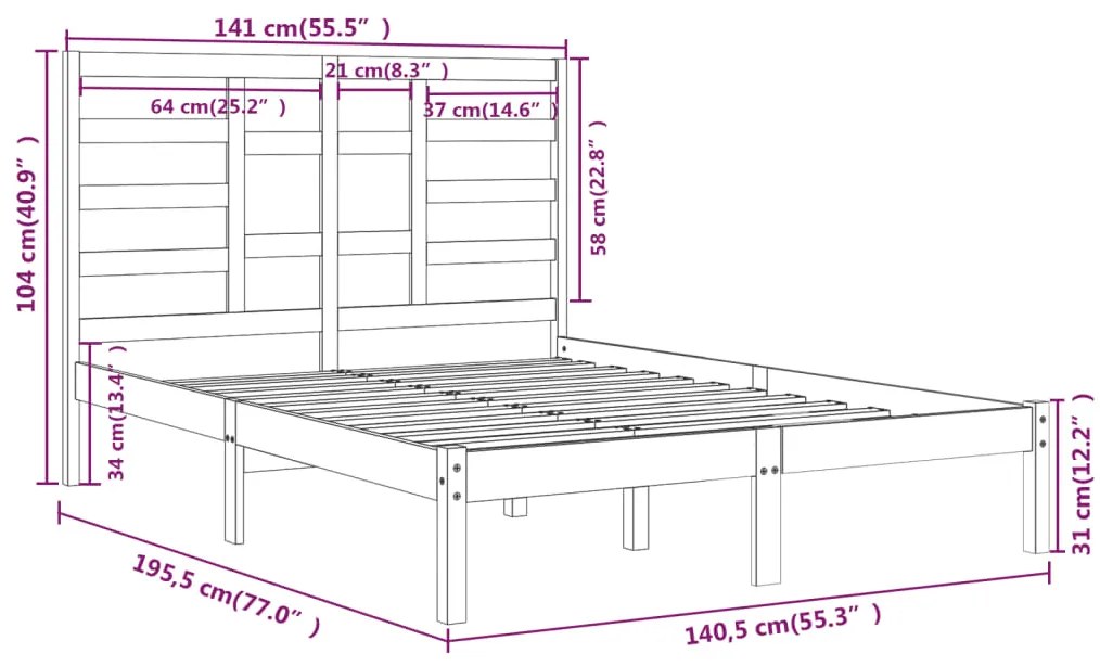 vidaXL Πλαίσιο Κρεβατιού 135 x 190 εκ. από Μασίφ Ξύλο Double