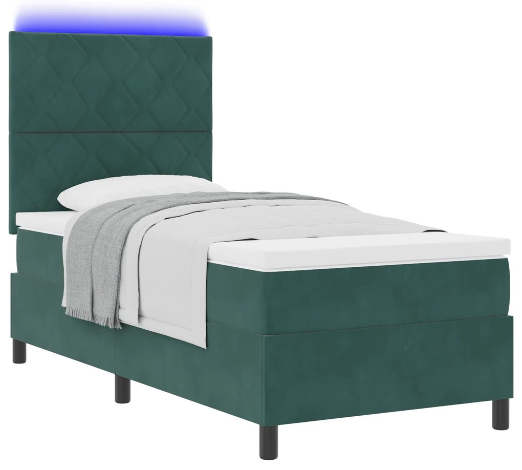 vidaXL κρεβάτι box spring με στρώμα & LED σκούρο πράσινο 90x190 εκ. βελούδινο