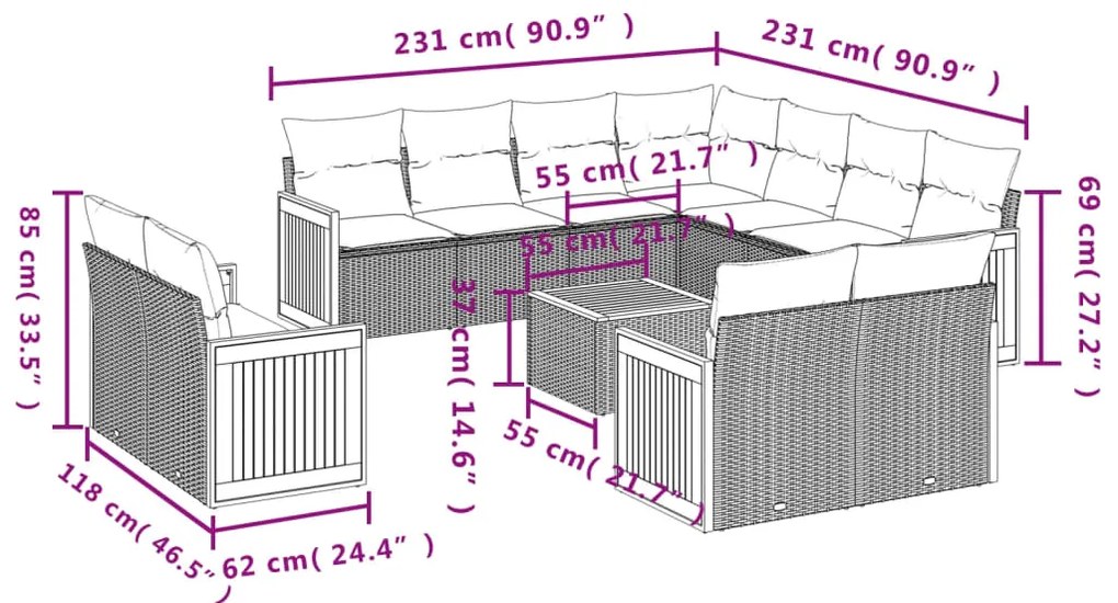 vidaXL Σαλόνι Κήπου 12 Τεμαχίων Μαύρο Συνθετικό Ρατάν με Μαξιλάρια