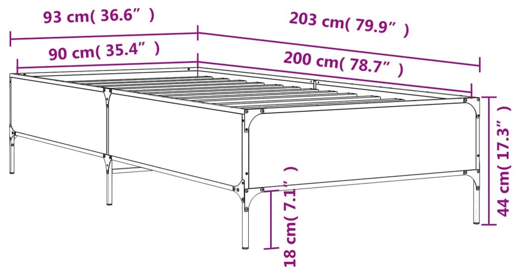 Πλαίσιο Κρεβατιού Καφέ Δρυς 90x200 εκ. Επεξ. Ξύλο &amp; Μέταλλο - Καφέ
