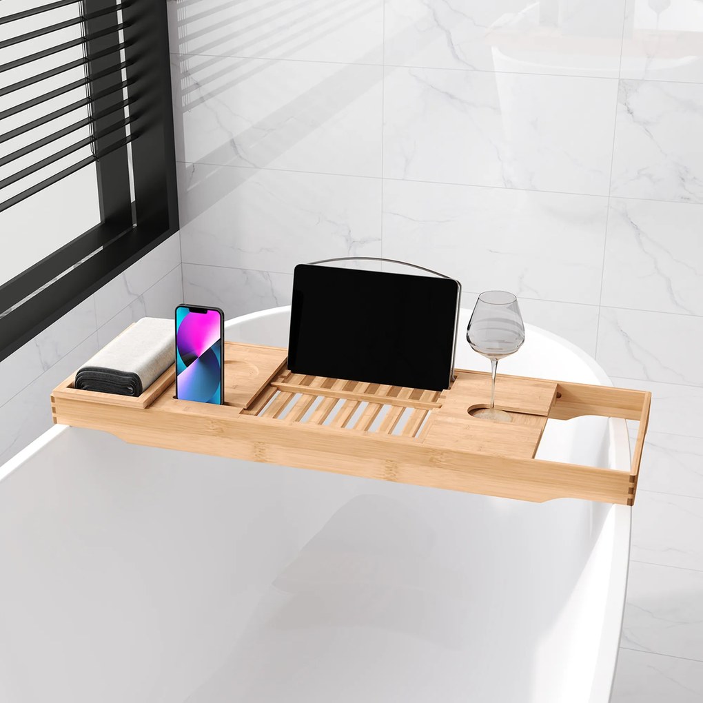 HOMCOM Επιτοίχιο μπάνιου από μπαμπού, ρυθμιζόμενο ταψί μπάνιου για βιβλίο, iPad, τηλέφωνο, SPA