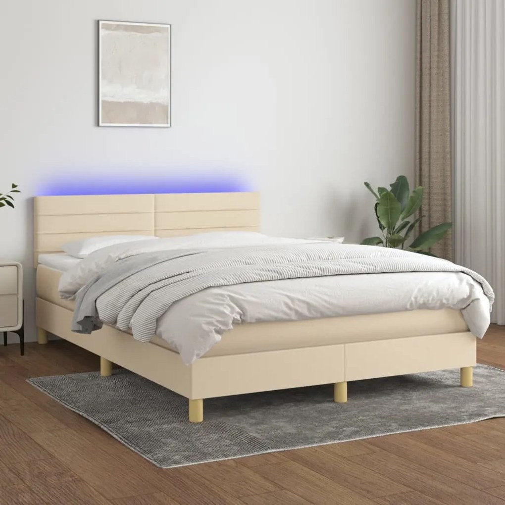 vidaXL Κρεβάτι Boxspring με Στρώμα & LED Κρεμ 140x200 εκ. Υφασμάτινο