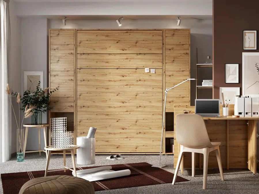 Κρεβάτι - ντουλάπα Concept Pro Lenart AH103, Διπλό, Ανοιχτό καφέ, 180x200, Πλαστικοποιημένη μοριοσανίδα, Τάβλες για Κρεβάτι, 191x228x217cm