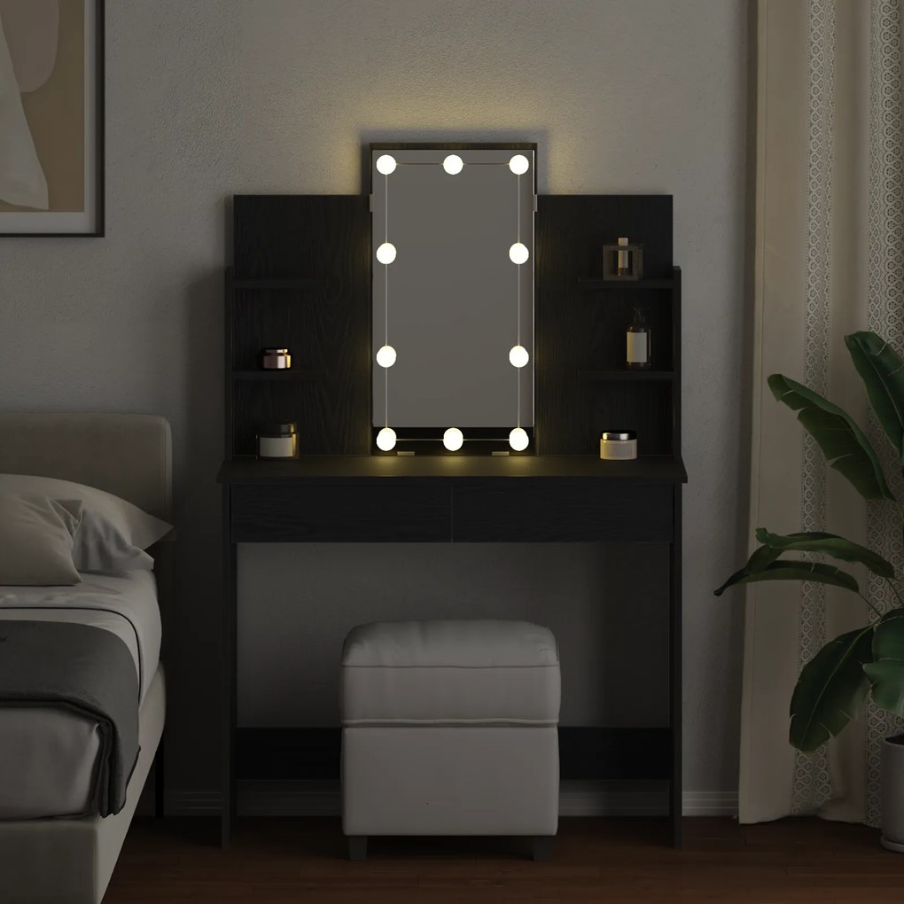 vidaXL Τραπέζι Μακιγιάζ με LED Φώτα Μαύρη Βελανιδιά 96x40x142 εκ
